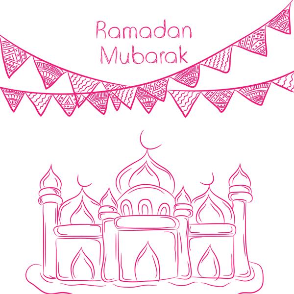 طرح کارت تبریک زیبا با تصویرگری شیک از مسجد و روبان برای جشن ماه مبارک رمضان مبارک
