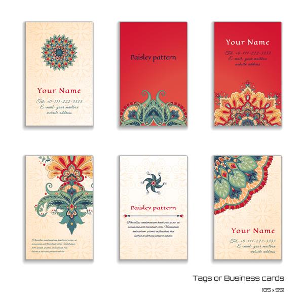 مجموعه ای از شش کارت ویزیت یا برچسب عمودی الگوی گل زیبا به سبک شرقی تزئین ظریف ساده متن خود را قرار دهید