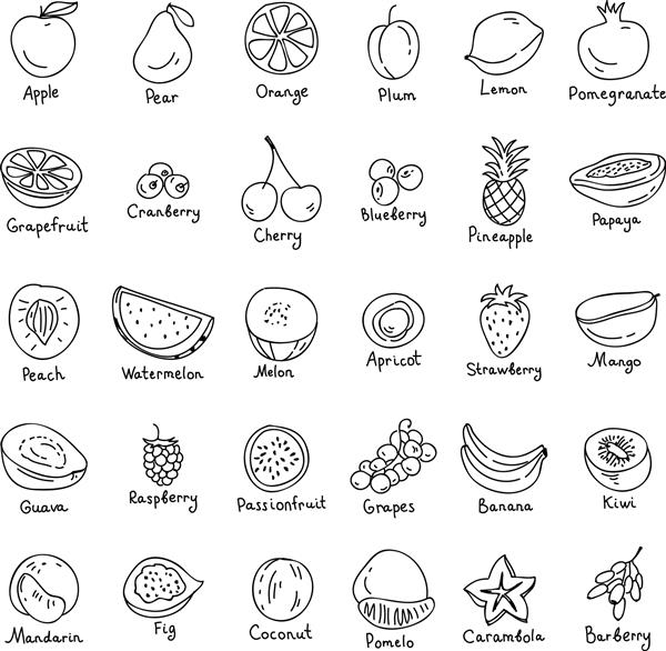 مجموعه ای از نمادهای دستی و میوه ای