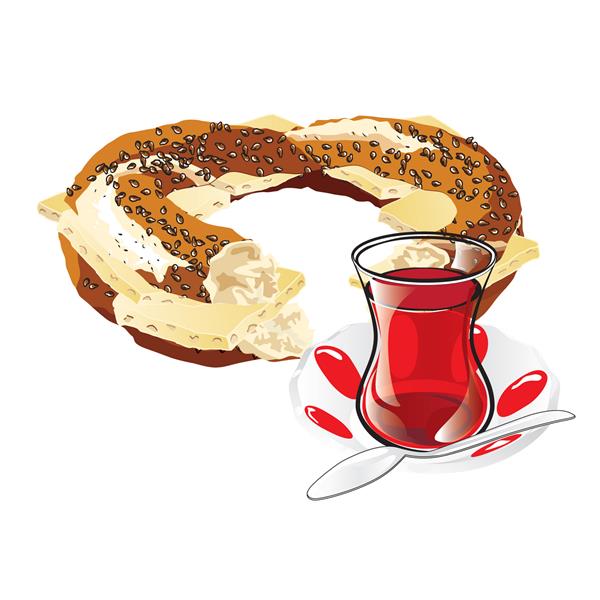 پنیر و نان ترکی و یک لیوان چای سنتی ترکی وکتور تصویرگری