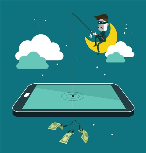 سارق شبکه های اجتماعی در حال سرقت پول با ماهیگیری اسکناس دلار از کیف پول روی صفحه تلفن هوشمند تصویر وکتور با طرح تخت
