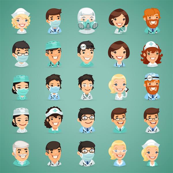 مجموعه ای از شخصیت های کارتونی پزشکان در پرونده هر عنصر به طور جداگانه گروه بندی می شود