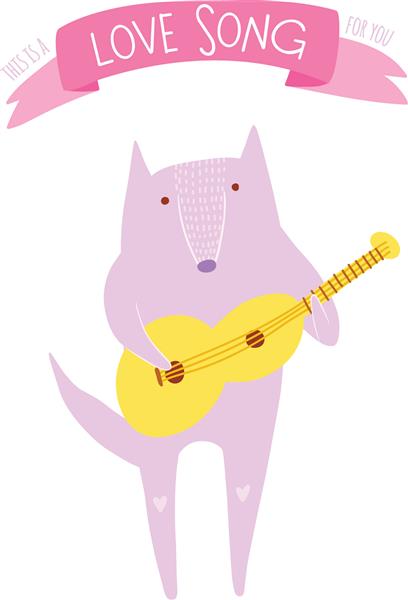تصویر مفهومی زیبا با گرگ و گیتار تصویرگری آهنگ عاشقانه کارت عشق حیوانات کارتونی