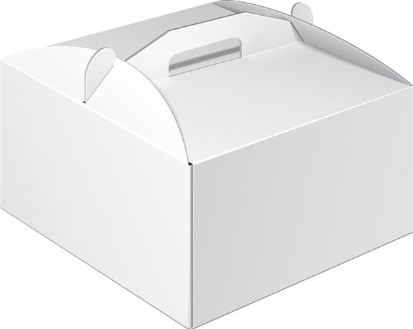 کیک مقوایی سفید کوتاه مربع بسته بندی جعبه حمل برای غذا هدیه یا سایر محصولات در پس زمینه سفید جدا شده آماده برای طراحی شما وکتور بسته بندی محصولات
