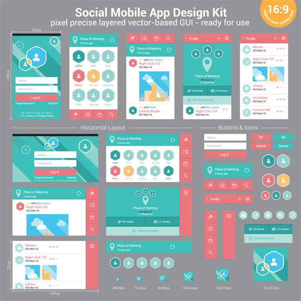 کیت طراحی برنامه موبایل اجتماعی - رابط کاربری گرافیکی بر اساس لایه دقیق پیکسل - آماده برای استفاده