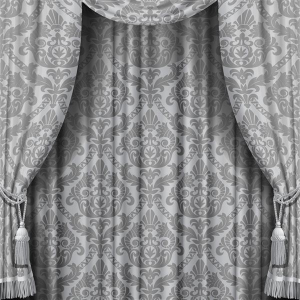 تصویر وکتور پرده خاکستری با تزئین باروک زمینه تئاتر مربع پوستر هنری