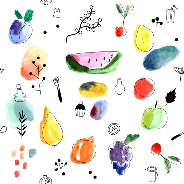 الگوی یکپارچه با میوه ها انواع توت ها روی زمینه سفید هنر آبرنگ تصویر خلاقانه آزاد