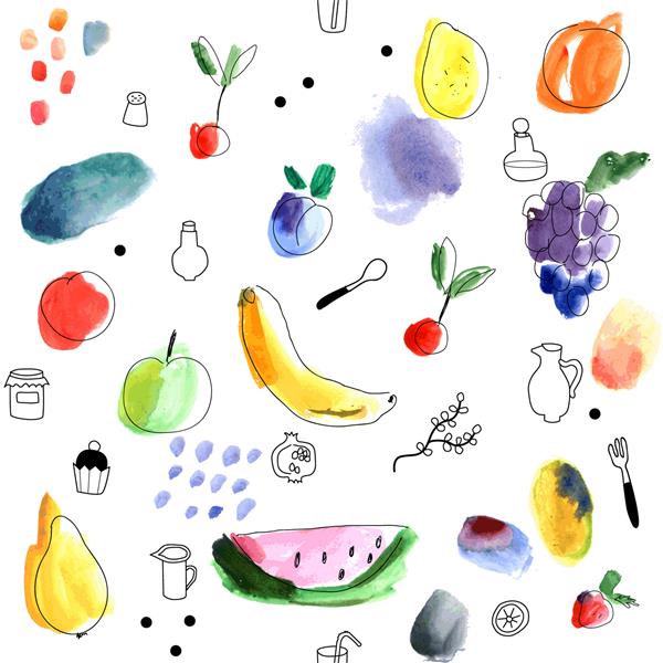الگوی یکپارچه با میوه ها انواع توت ها روی زمینه سفید هنر آبرنگ تصویر خلاقانه آزاد