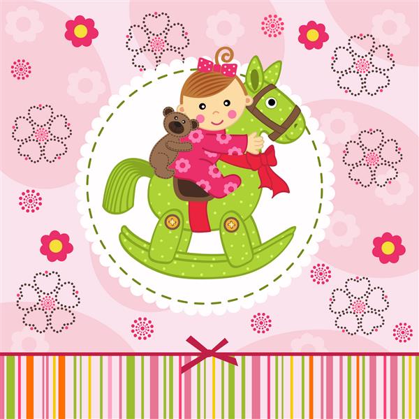 دختر بچه با خرس روی اسب - تصویر وکتور