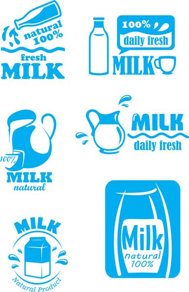 مجموعه ای از برچسب های شیر در آبی و سفید فیروزه ای با متن متنوع تضمین کننده کیفیت و طراوت محصول تزئین شده با بطری کارتن و کوزه