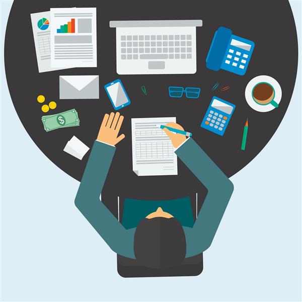 اقتصاددان یا مدیر حسابدار محل کار تصویر برداری یک مرد که پشت میز کار نشسته است آیکون های حسابداری تنظیم شده است