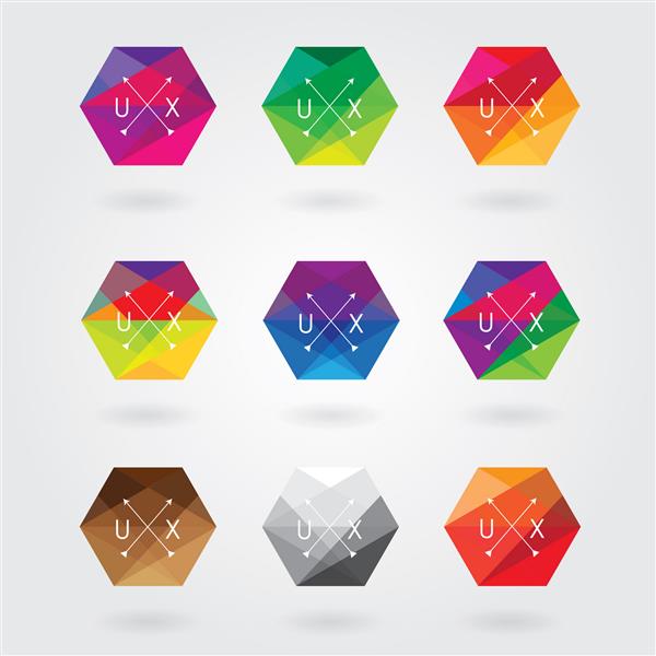 عناصر نماد شش ضلعی انتزاعی مرسوم مد روز در سبک چند ضلعی رنگارنگ با الگوی هندسی مثلثی شکل - لوگوی نوع سبک هیپستر تجاری