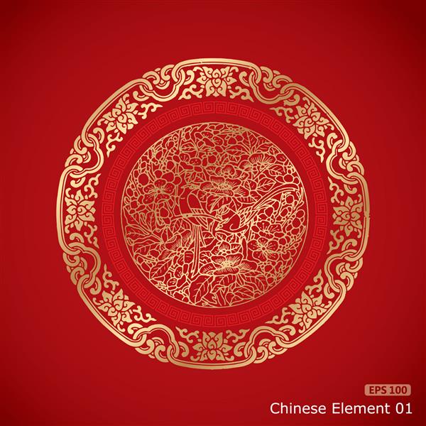 عناصر جذاب چینی در پس زمینه کلاسیک قرمز