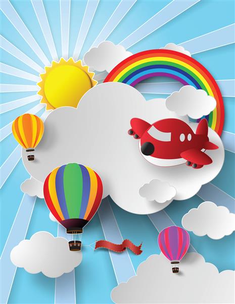 تصویر وکتور بالون هوای گرم و هواپیمای بلند در آسمان با رنگین کمان سبک هنری کاغذی
