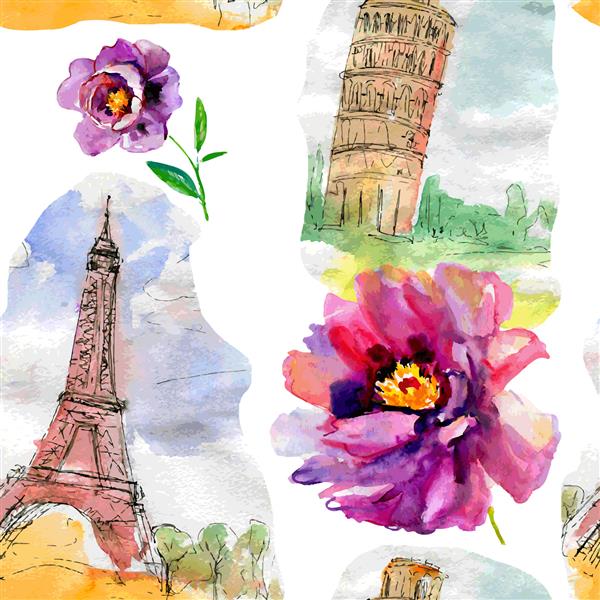 الگوی یکپارچه با زمینه های شهرستان پیزا پاریس و گلها الگوی برداری