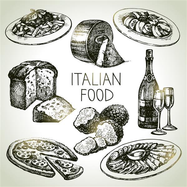 طرح دستی طراحی شده غذای ایتالیایی تصویر برداری