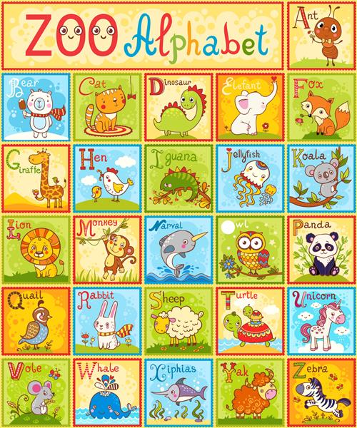 الفبای حیوانات انگلیسی کامل کودکان با حیوانات کارتونی مختلف نوشته شده است ABC طراحی الفبای باغ وحش به سبک رنگارنگ