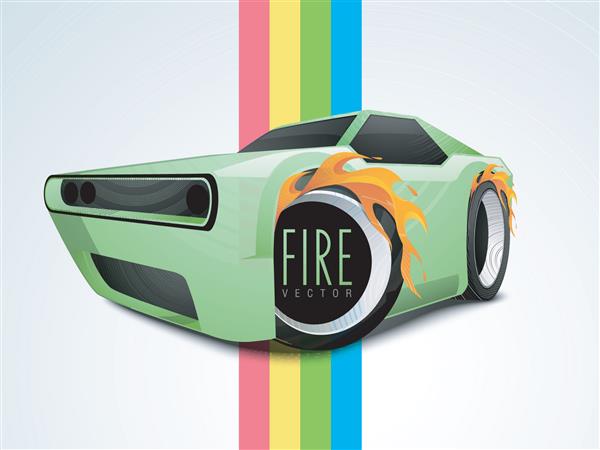 چرخ های شیک اتومبیل با شعله آتش روی راه راه های رنگی کاغذی