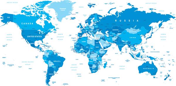 نقشه جهانی آبی - مرزها کشورها و شهرها - تصویرگری تصویر وکتور با جزئیات بسیار دقیق از نقشه جهان تصویر شامل لایه های بعدی است -زمین ها-نام کشورها و سرزمین ها-نام های شهرها-اشیاwater آب