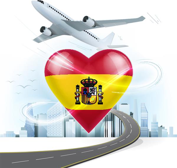 سفر و حمل و نقل مفهوم با پرچم اسپانیا بر روی تصویر قلب وکتور با پس زمینه منظره شهر