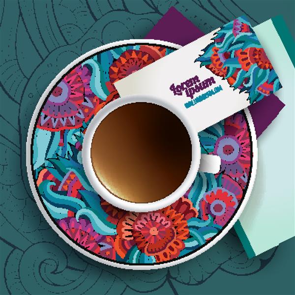 وکتور فنجان قهوه کارت های ویزیت و تزیینات گل دستی کشیده شده روی نعلبکی و پس زمینه
