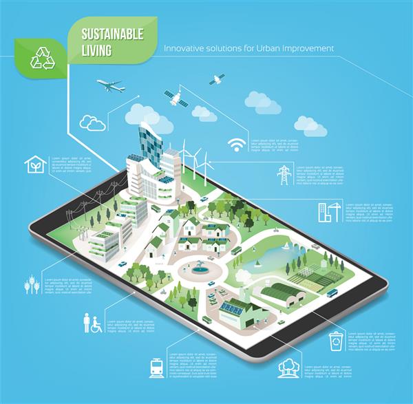 شهری پایدار در یک تبلت صفحه نمایش لمسی دیجیتال با نمادهای تنظیم شده در زمینه معماری و مراقبت از محیط