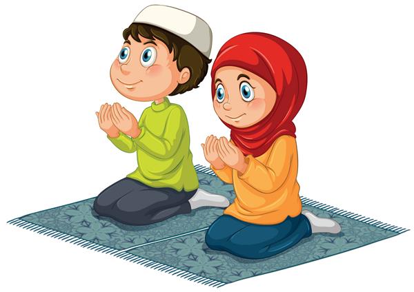 دو مسلمان که روی فرش نماز می خوانند