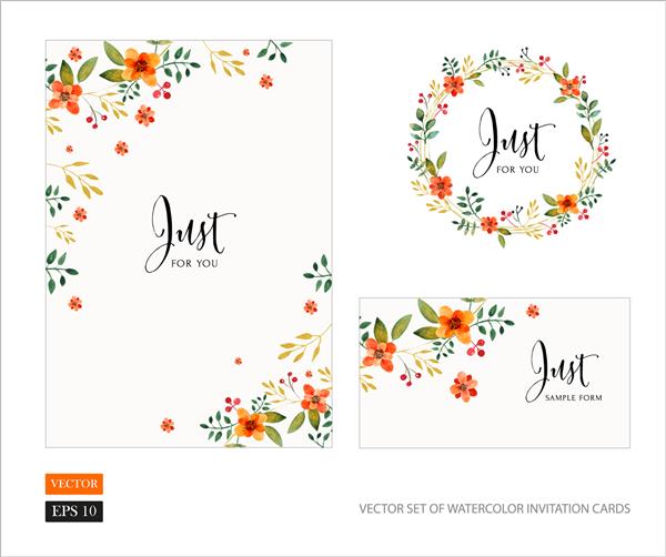 مجموعه ای از کارت های دعوت با عناصر گل آبرنگ و حروف خطی مجموعه عروسی