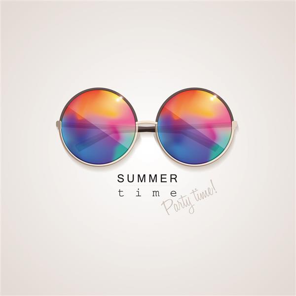 عینک آفتابی با آینه های شیشه ای شیبدار انتزاعی رنگارنگ و رنگارنگ جدا شده در پس زمینه روشن با زمان تابستان تایپوگرافی حروف مجلسی
