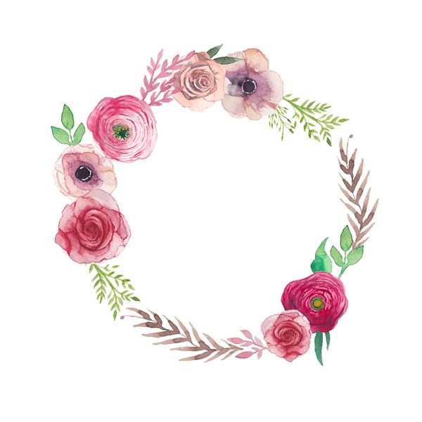 اکلیل تاج گل آبرنگ قاب دور دست نقاشی شده با گلهای رز گل سرخ شقایق برگ و عناصر گل طراحی وکتور