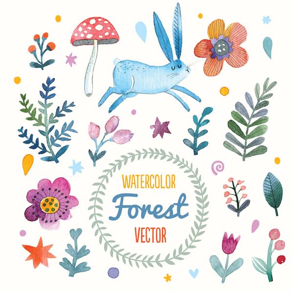 کارت خیره کننده با خرگوش زیبا گل برگ و قارچ در رنگ های عالی مجموعه تم جنگل دوست داشتنی ساخته شده در تکنیک آبرنگ کارت مفهوم تابستان روشن همراه با متن در بردار