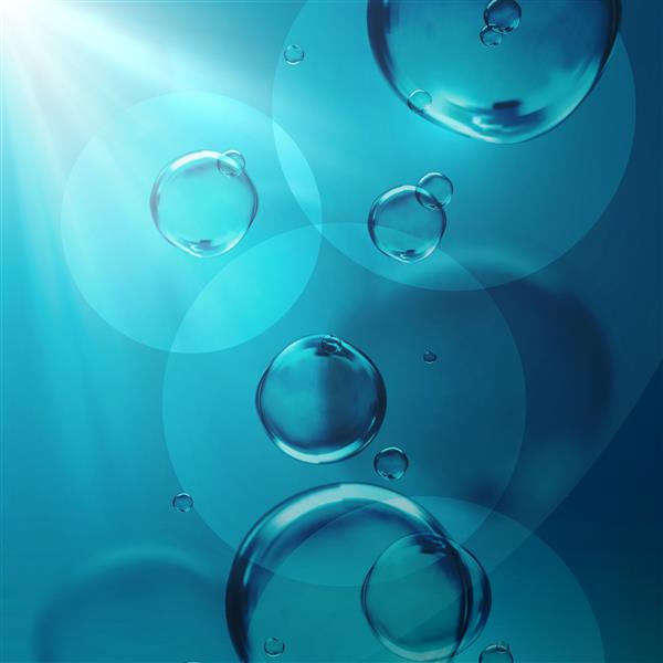 تصویر وکتور از حباب های آب براق شفاف و شفاف پس زمینه انتزاعی زیر آب