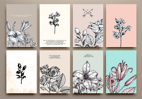 ست کارتهای گل جذاب قاب با گلهای حکاکی تصویر گیاه شناسی با گل رز نیلوفرها و سایر گلها سبک گرافیکی برش خورده