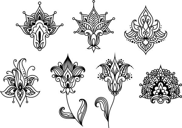 عناصر طراحی گلهای انتزاعی پیسلی در سبک هندی چرخش ها و حلقه های منحصر به فرد جدا شده بر روی زمینه سفید
