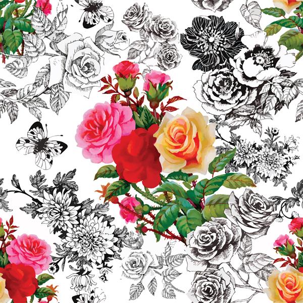 الگوی گل یکپارچه و عاشقانه زیبا با گلهای رز و پروانه در تصویر زمینه تصویر سفید