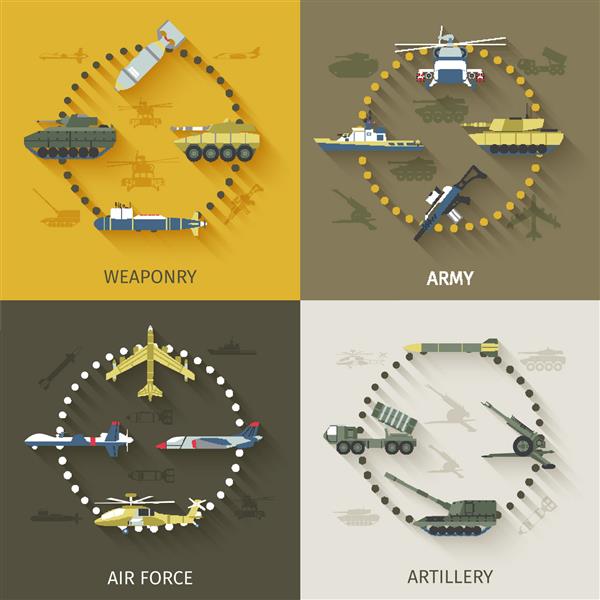مفهوم طراحی ارتش با نمادهای مسطح توپخانه نیروی هوایی سلاح تصویر وکتور جدا شده است
