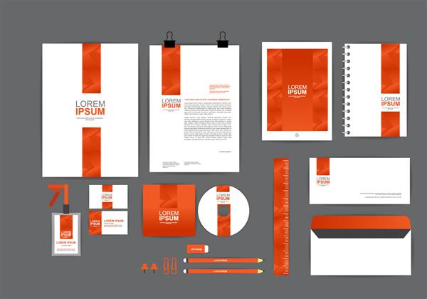 نارنجی الگوی هویت سازمانی برای مشاغل شما شامل جلد CD کارت ویزیت پوشه خط کش پاکت نامه و طرح نامه است