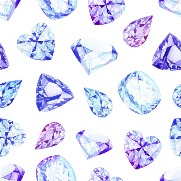 کریستال های الماس آبی و بنفش الگوی وکتور بدون رنگ آبرنگ