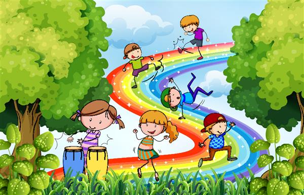 کودکانی که بالای رنگین کمان رنگارنگ بازی می کنند