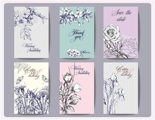 ست کارتهای گل جذاب قاب با گل رز زنبق و سایر گلها تصویر برداری