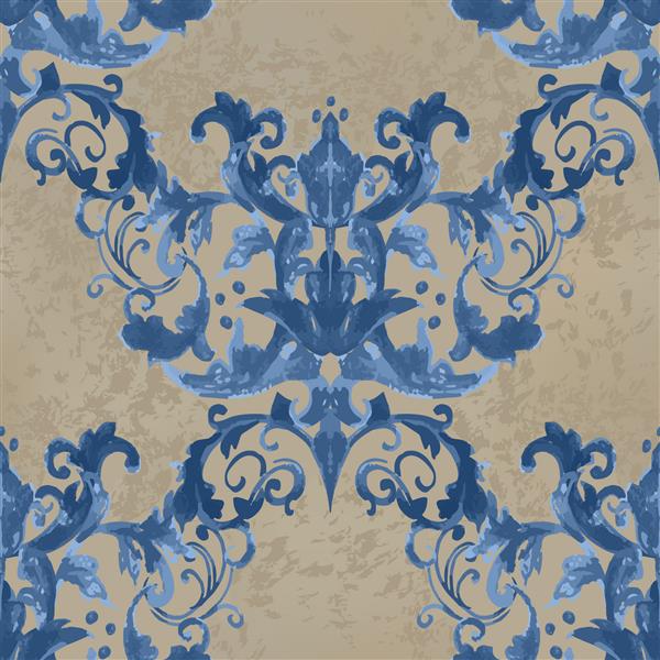 تصویر وکتور کاغذ دیواری الگوهای پارچه ای باروک آبی داماسک روی طرح گل بدون درز بژ