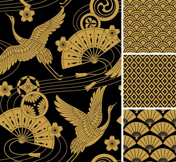ست الگوی ژاپنی زیور آلات وکتور یکپارچه با انگیزه های سنتی