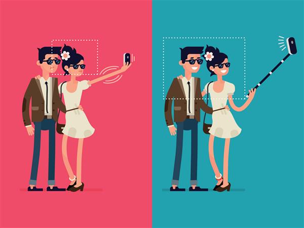اینفوگرافیک های خلاقانه طراحی شخصیت در زن و شوهر جوان که تمام قد ایستاده اند و سعی دارند با دستگاه تلفن همراه در دست خود و با استفاده از چوب عکس سلفی خودنگاره بسازند