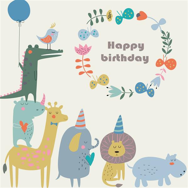 کارت تولد با تمساح ناز پرنده زرافه اسب آبی کرگدن فیل شیر پروانه و گل به سبک کارتونی