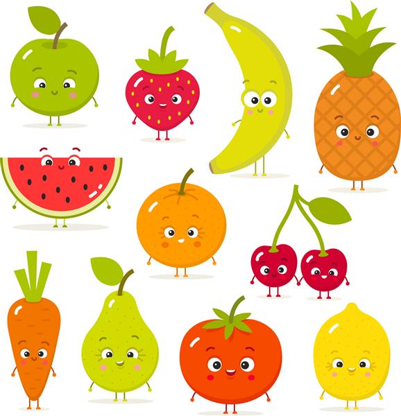 میوه ها و سبزیجات کارتونی با چشم هایی به سبک تخت توت فرنگی موز سیب آناناس هویج گوجه فرنگی گیلاس لیمو