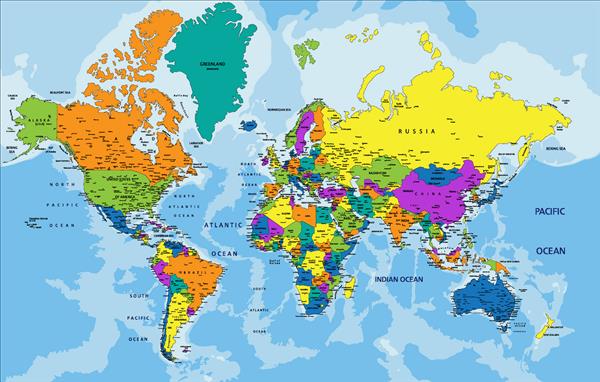 نقشه سیاسی رنگارنگ جهان با لایه های جداگانه برچسب خورده تصویر برداری