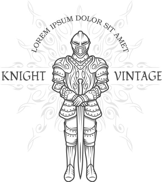 شوالیه قرون وسطایی در زره پوش با شمشیر نشان جذاب