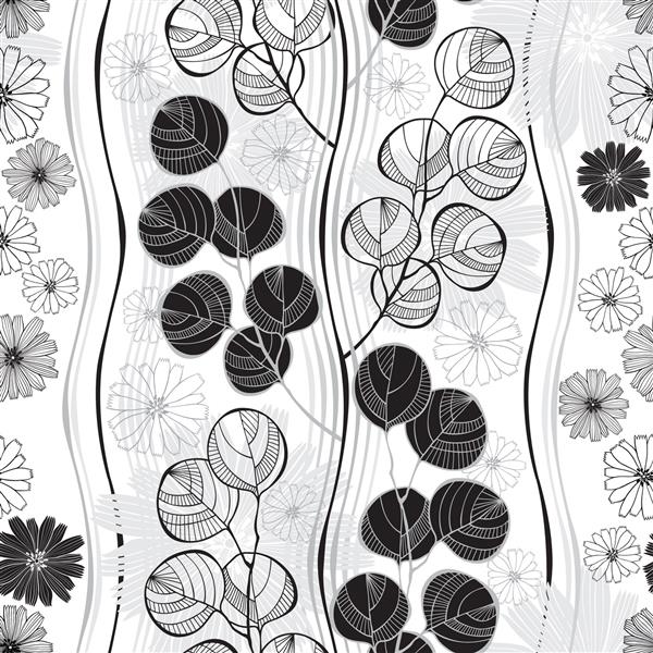 الگوی یکپارچه با شاخه ها و گل های انتزاعی زمینه گل و سیاه دستی