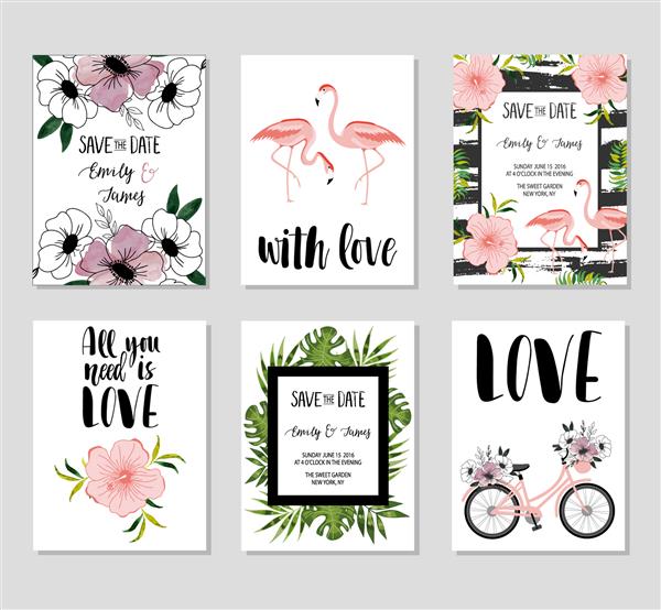 مجموعه ای از 6 قالب کارت زیبا عروسی ازدواج ذخیره تاریخ دوش گرفتن کودک عروس تولد روز ولنتاین و طراحی ساده شیک تصویر وکتور الگوی پوستر