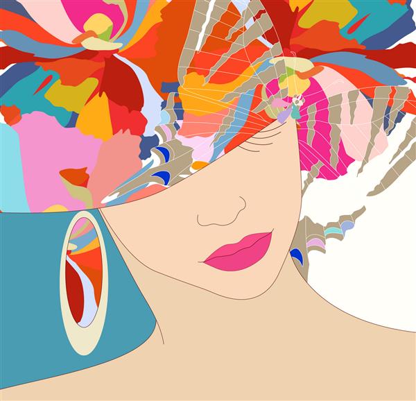 طرح انتزاعی یک دختر با کلاه گل زیبایی مد هنر سبک شیک مرسوم مد روز بهار تابستان چاپ های رنگی